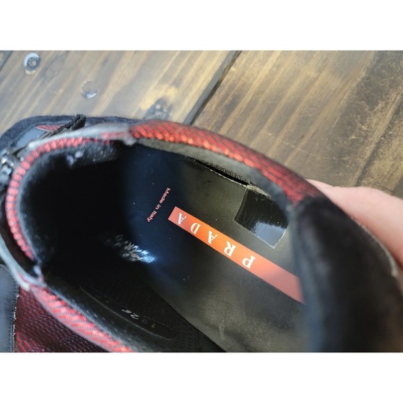 Prada Women Black Suede Red Mesh Sneakers Size 7 (37) Trainers Tennis Shoes - Picture 9 of 11